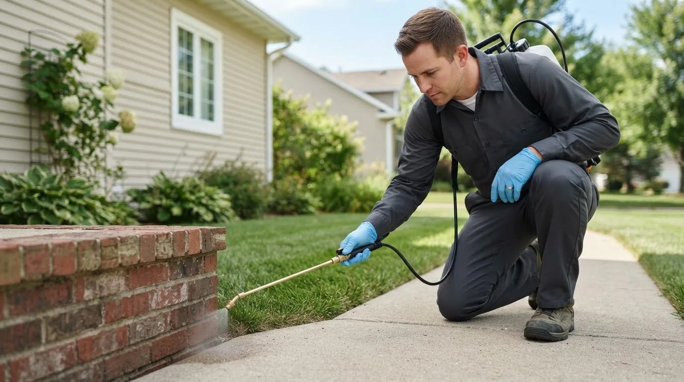 Pest control technician treating a home near Amherst, NH