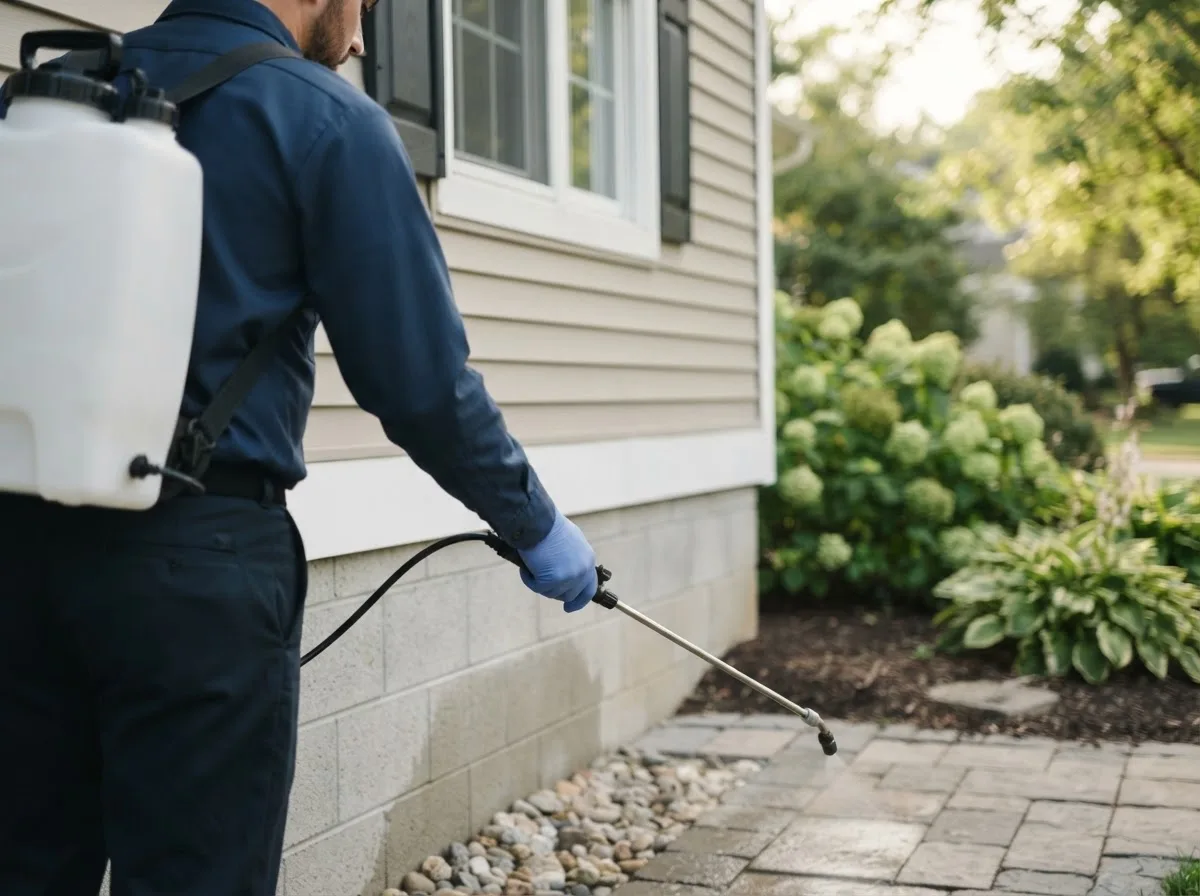 Pest control technician inspecting a home in Amherst, NH